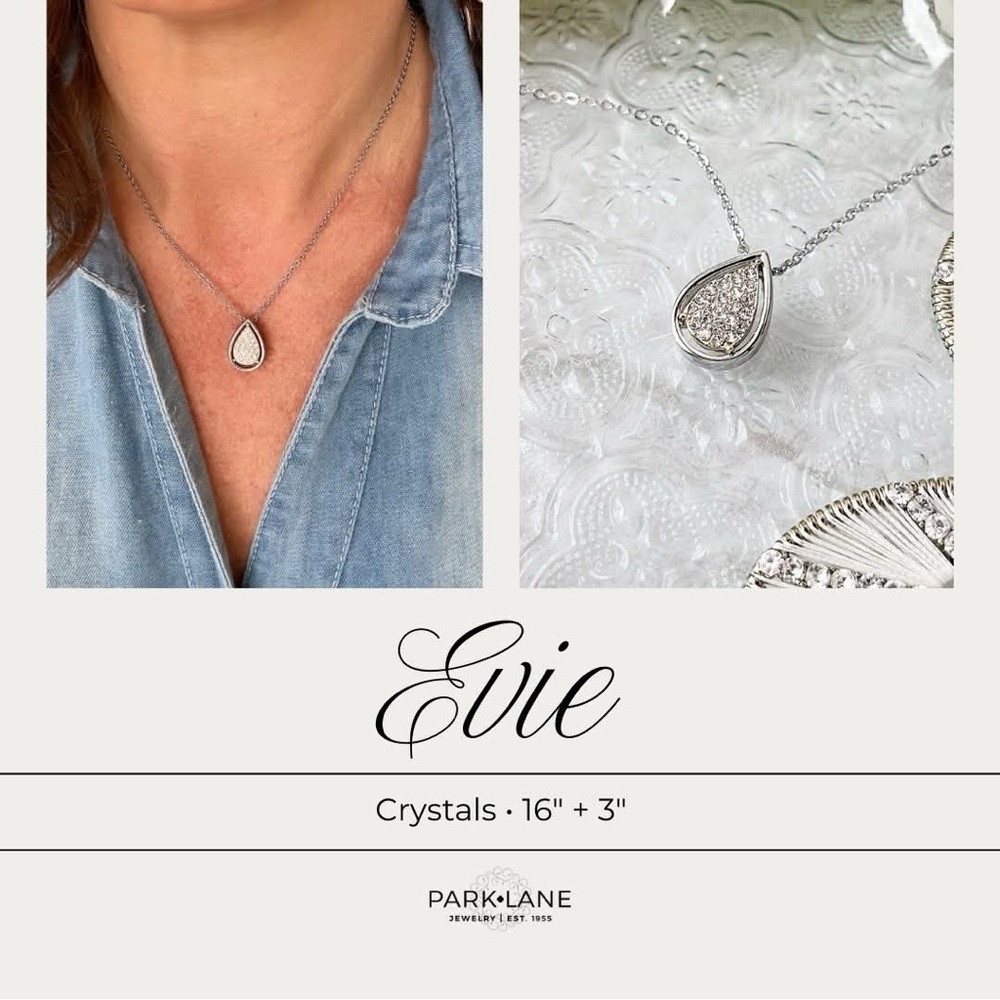 Park Lane EVIE Silver Necklace, Pear-Shaped Pave Crystal Pendant, 16”+3”, NWT - Picture 2 of 8
